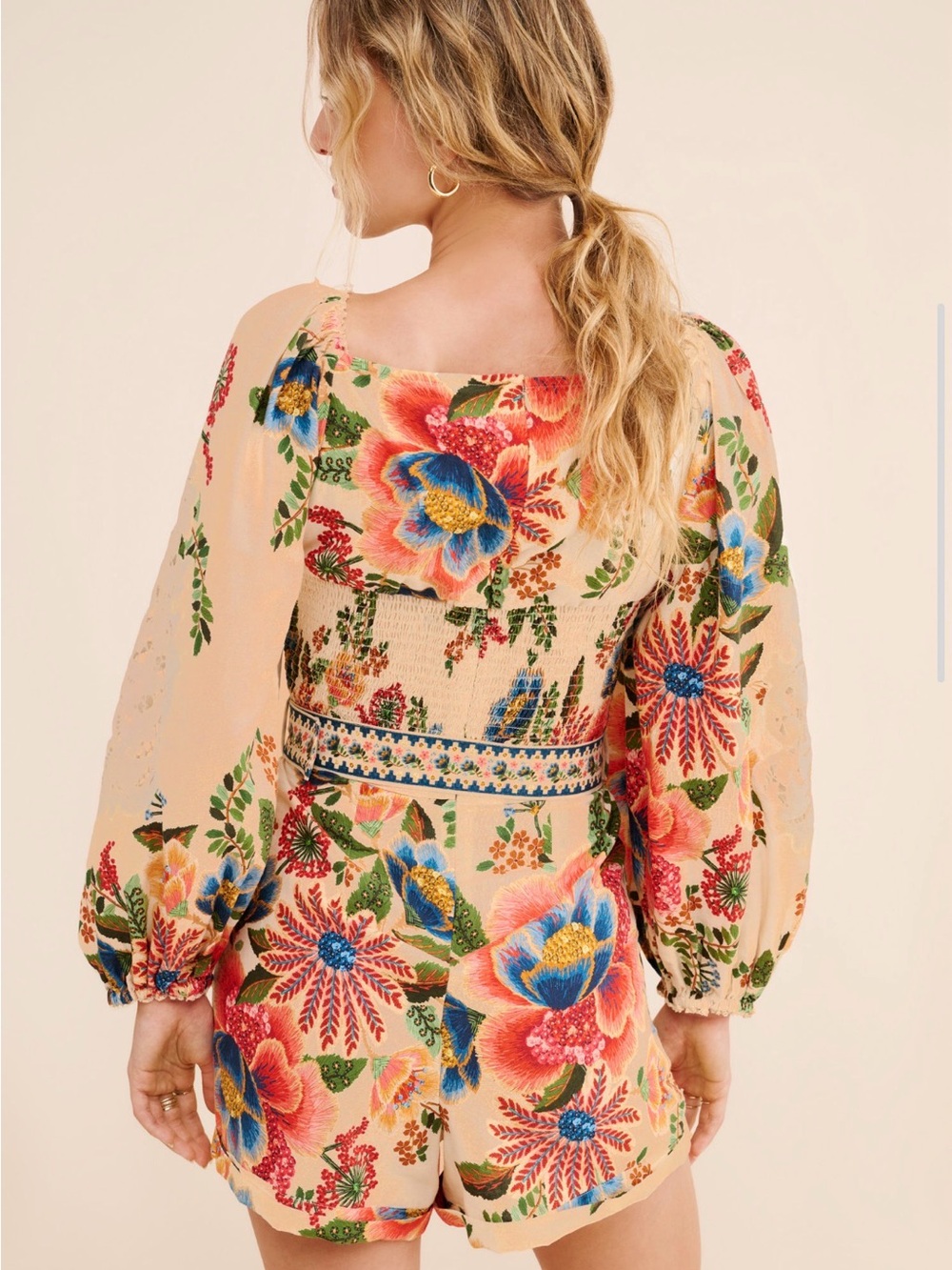 Farm Rio Garden Romper Embroidered Floral with Puff Sleeves - Picture 2 of 16